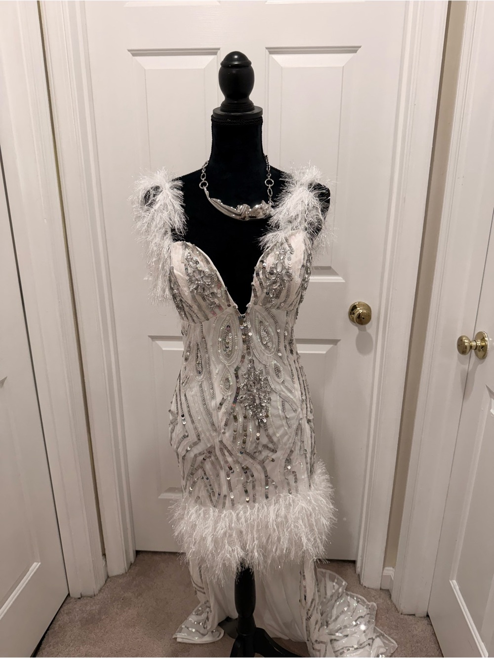 ASOS White Silver Beaded High-Low Feather Dress